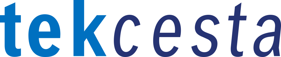 tekcesta wordmark logo, which consists of heavy, bright blue "tek" and a deeper blue, italicized "cesta"